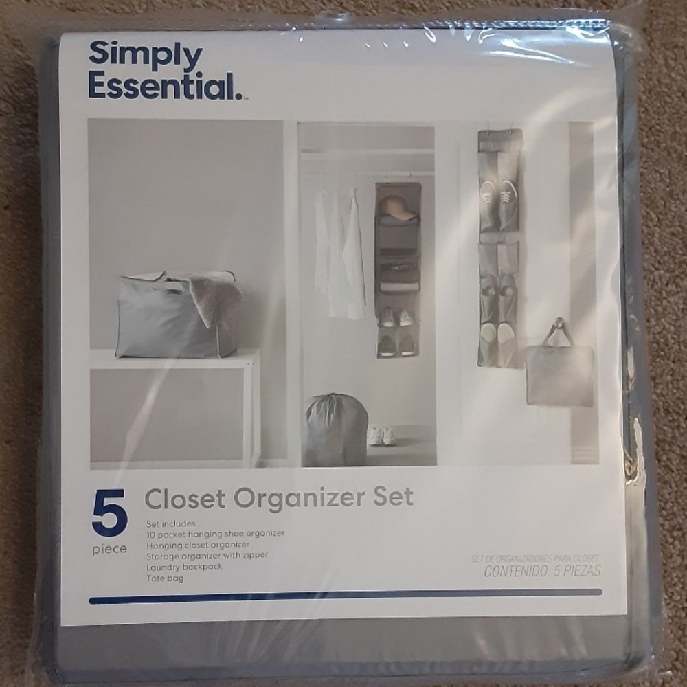 Simply Essential Gray 5 Piece Hanging Closet Organizer Set w/ Laundry Backpack